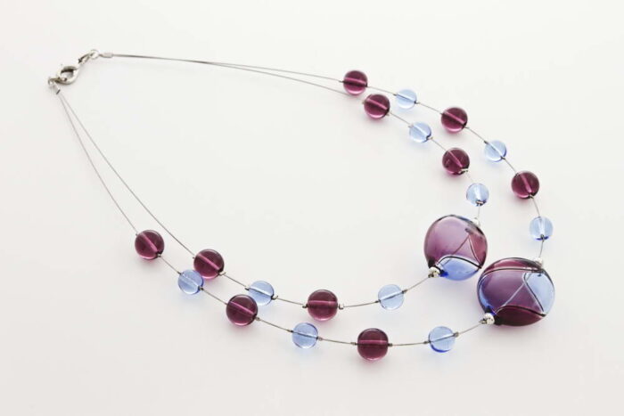 Double blown glass necklace, amethyst and bluino