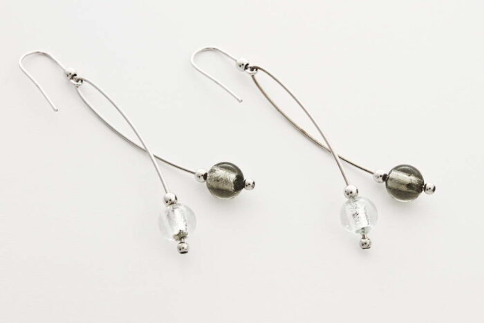Intertwined glass and silver leaf earrings, steel silver and crystal silver