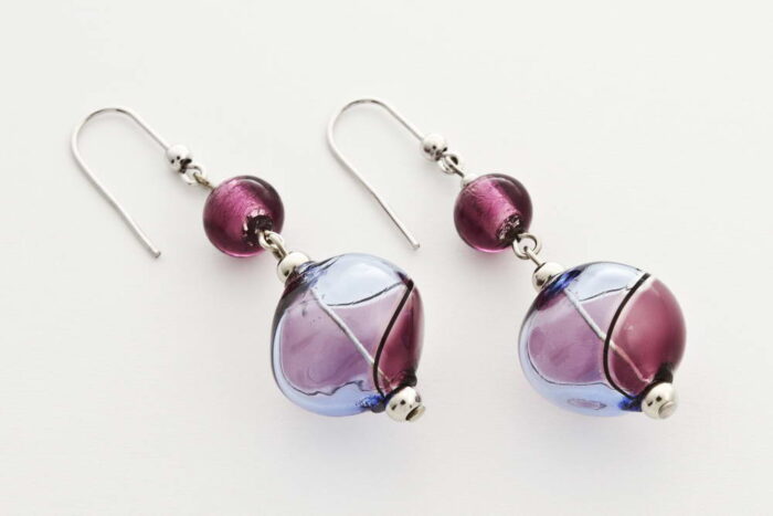 Crushed blown glass and silver leaf earrings, amethist and bluino