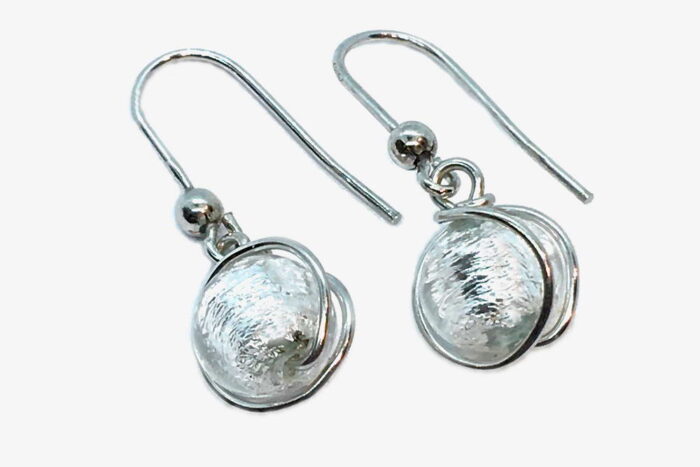 Glass and silver leaf wrapped earrings, crystal silver